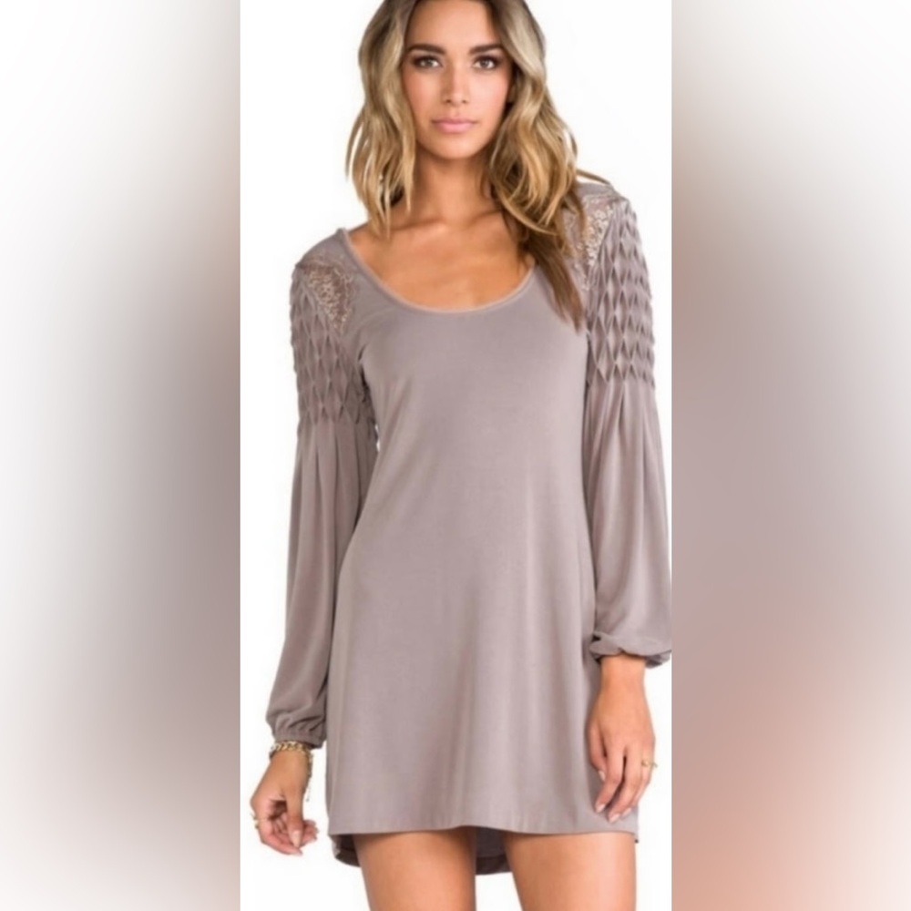 Free People Mauvy Taupe Lace Mini Dress, Long Bell Sleeves, S